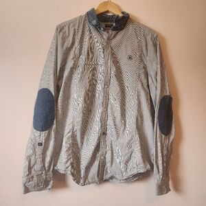 Buffalo David Bitton Salina Pinstripe Shirt Denim Collar Elbow Patches Size L